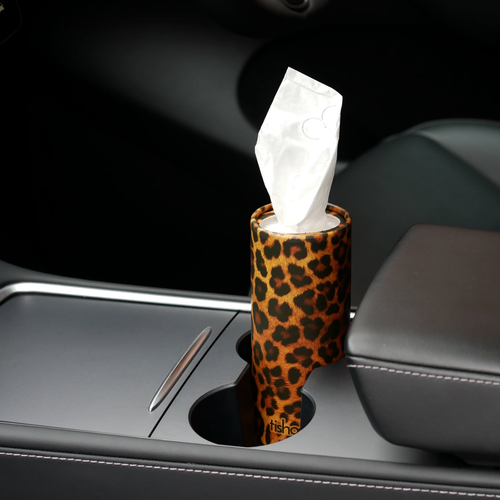 tishoo Car tissue holder with leopard print design in a car's cup holder.